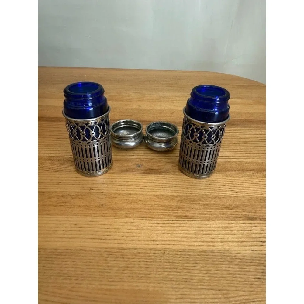 Vintage Cobalt Blue Salt & Pepper Shakers, Silver Plate Filigree Leonard,  Japan